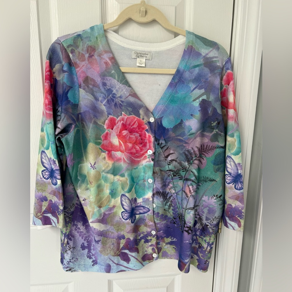 Christopher & Banks XL cardigan floral butterfly purple pink blue